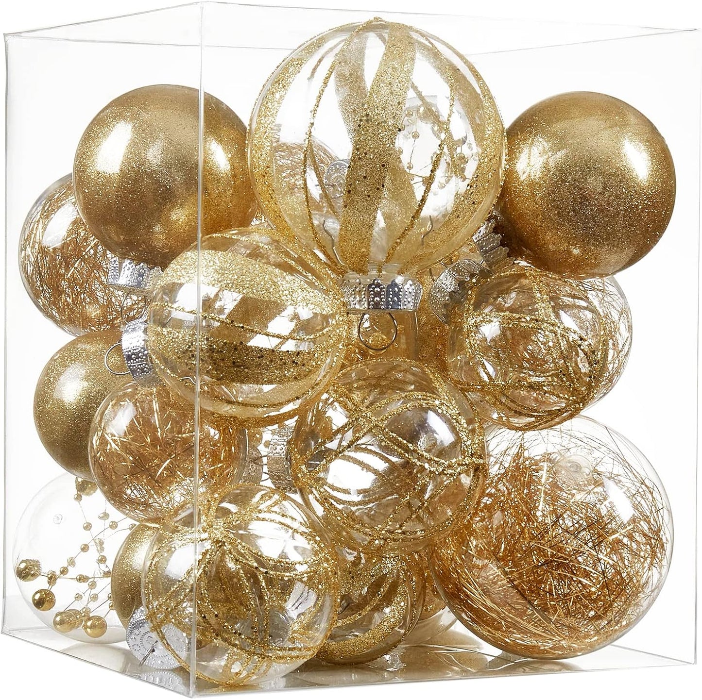 Clear Christmas Ball Ornaments,24ct Shatterproof Plastic Decorative Christmas Ornaments Hanging Xmas Tree Baubles Set with Stuffed Delicate Glittering Decorations for Holiday Party Home Decor (Gold)
