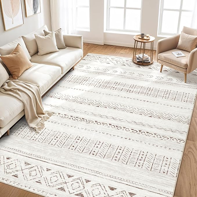 cotiled 7x9 Area Rug Living Room: Washable Boho Rugs with Non Slip Backing Large Soft Indoor Stain Resistant Carpet for Bedroom Farmhouse Dining Room Lightweight Home Decor L Brown/Cream