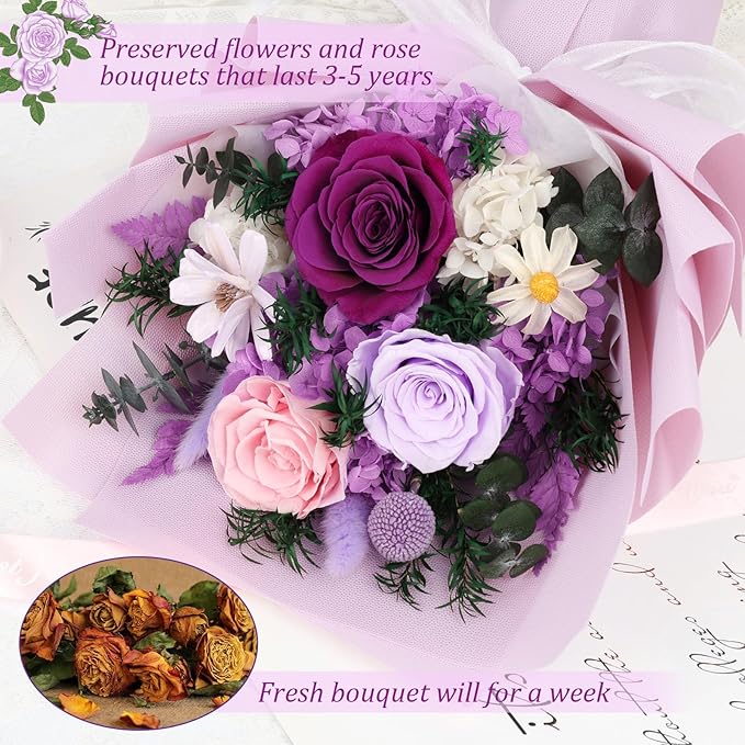 Flowers for Delivery Prime Preserved Flowers Bouquet with Vase That Last 3-5 Years Real Forever Flowers Purple Rose Bouquet for Mom Mother Women Wife Friends Birthday Mothers Day Gifts