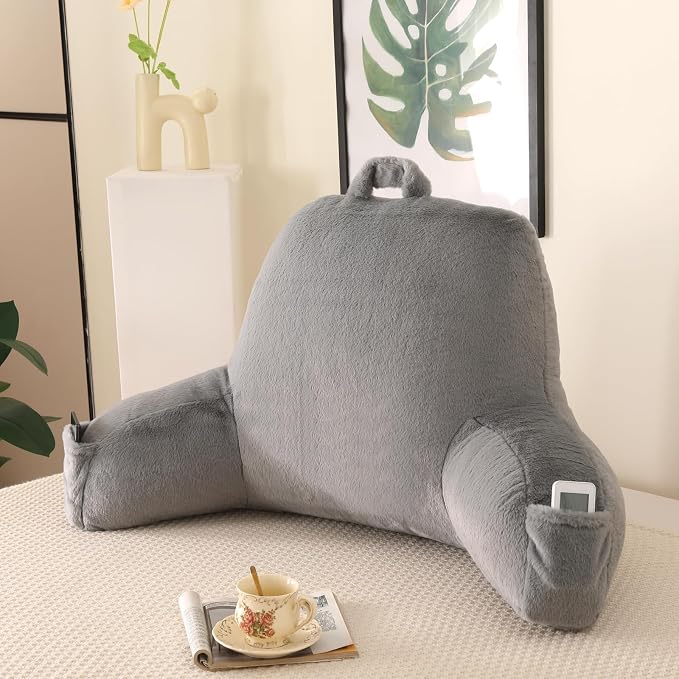 Soft Reading Pillow for Bed with Arms,Middle,Gray,Faux Fur | 17" Backrest with Arms for Gaming & Lounging,Oeko-TEX Certified Plush Back Pillow for Teens Room