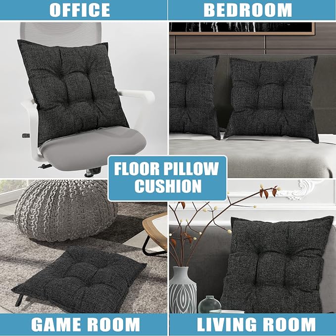 SINSOSSO Large Floor Pillow 22", Thickened Bite-Size Memory Foam Square Non-Slip Cushion for Office Back Support/Indoor Yoga/Chair Seat, Fashionable Color-Blocked Fabric & Washable, Black, 1 PCS