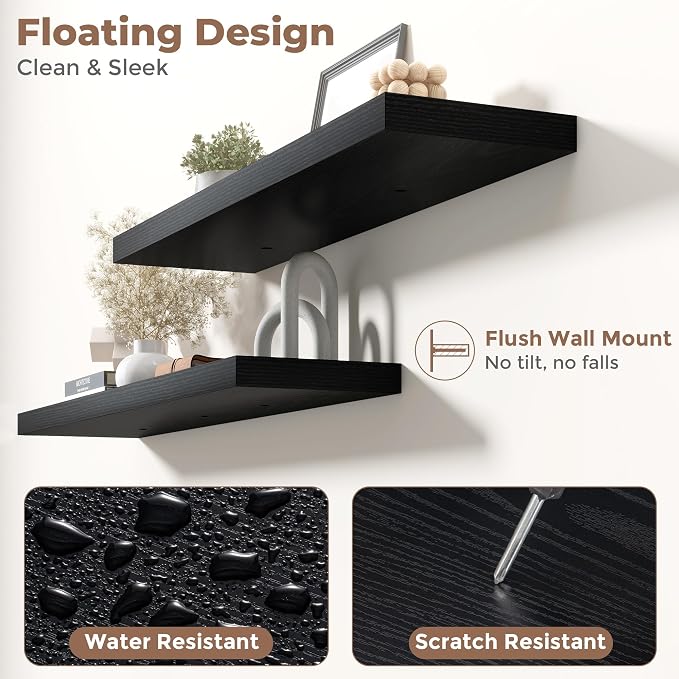 24 Inch Floating Shelves for Wall with Invisible Brackets Set of 2, 8"D Engineered Wood Wall Shelves with Wood Grain for Living Room, Bedroom, Bathroom, Kitchen Decor and Storage, Black Finish