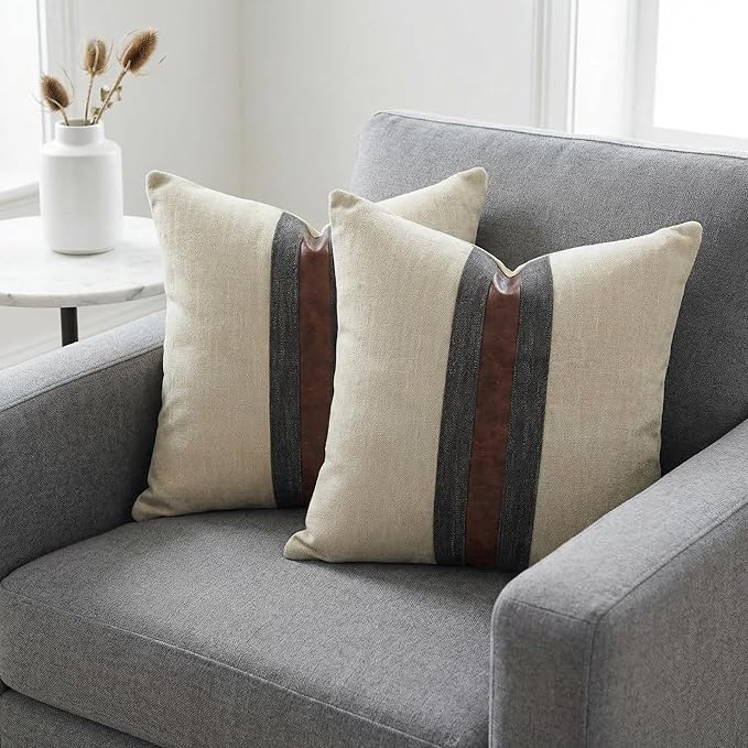 BOYSUM Set of 2 Leather Throw Pillow Covers Cotton Linen Decor Patchwork Pillow Cover Faux Leather Pillows Cover for Couch Sofa Living Room Bedroom,Beige Yellow 18"x18"