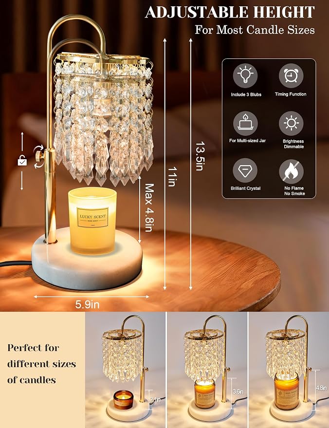 Candle Warmer Lamp with Timer Dimmable, Birthday Gifts for Women, Wax Melt Warmer for House Warming Gifts New Home Decor, Adjustable Height Crystal Candle Lamp for Jar Candles with 3 Bulbs, Gold