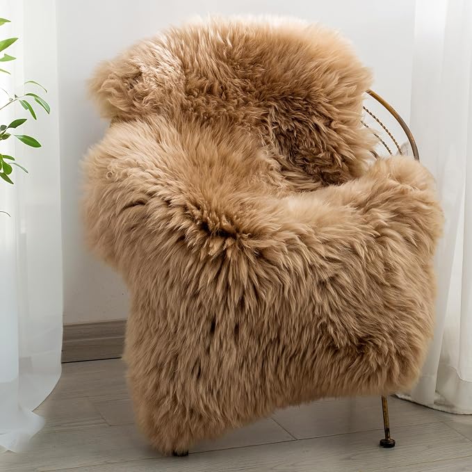 Premium Genuine Sheepskin Area Ruge - Real Wool Fur Shaggy Carpet | Fluffy Soft Natural Lambskin Rug Seat Chair Covers for Couch Sofa Bedroom Living Room(Tan,2×3 Feet Sheepskin)