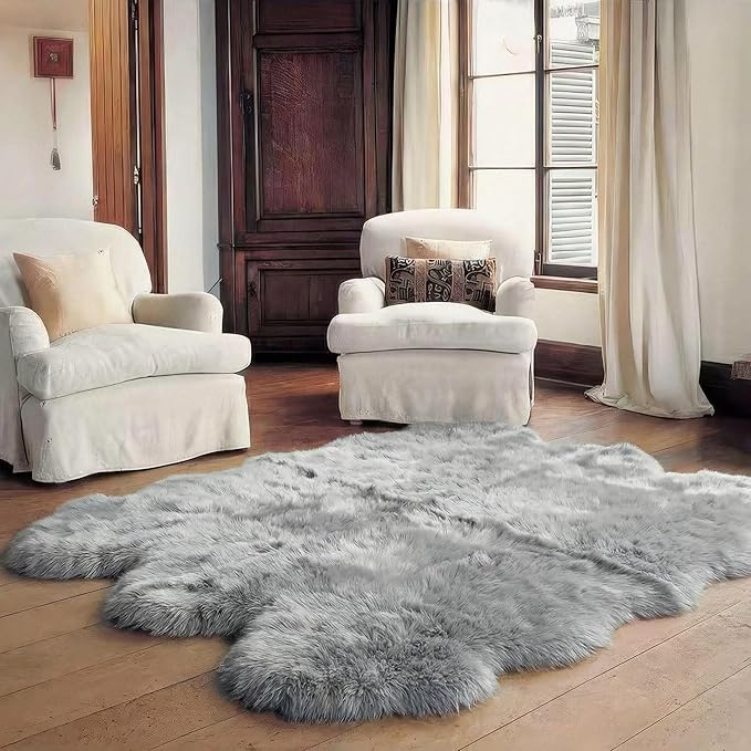 Super Area Rugs Premium Genuine Sheepskin Rug 5' x 6' Long Fur Soft & Natural Shaggy Living Room Rug, Silver Gray, Six Pelt