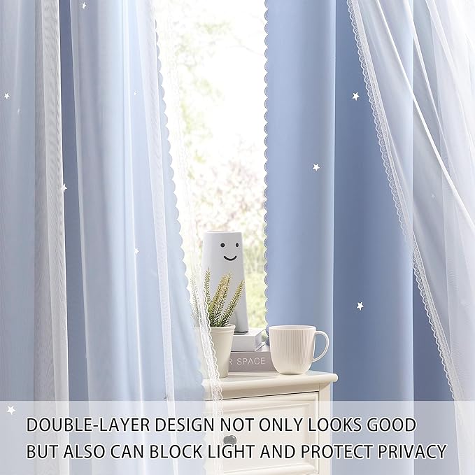 XiDi Sky Blue Blackout Curtains for Girls Bedroom Living Room 72 Inches Long 2 Panels Star Curtains Boys Kids Room Darkening Thermal Insulated Drapes Grommet Noise Reduction Window Treatments 34x72