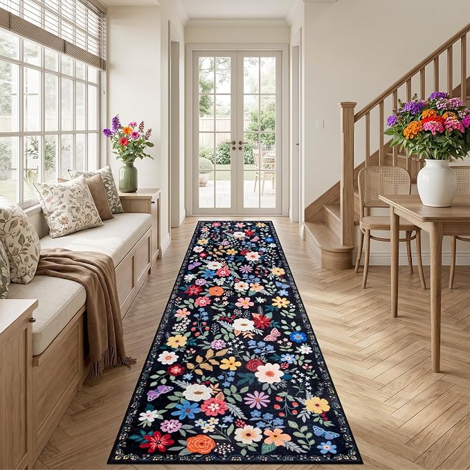 Runner Rug for Entryway: 2.6x14 Kitchen Rugs Non Slip Washable Ultra-Thin Soft Floral Carpet Indoor Floor Stain Resistant Carpets for Hallway Bedroom Kitchen Laundry Bathroom Dorm Black