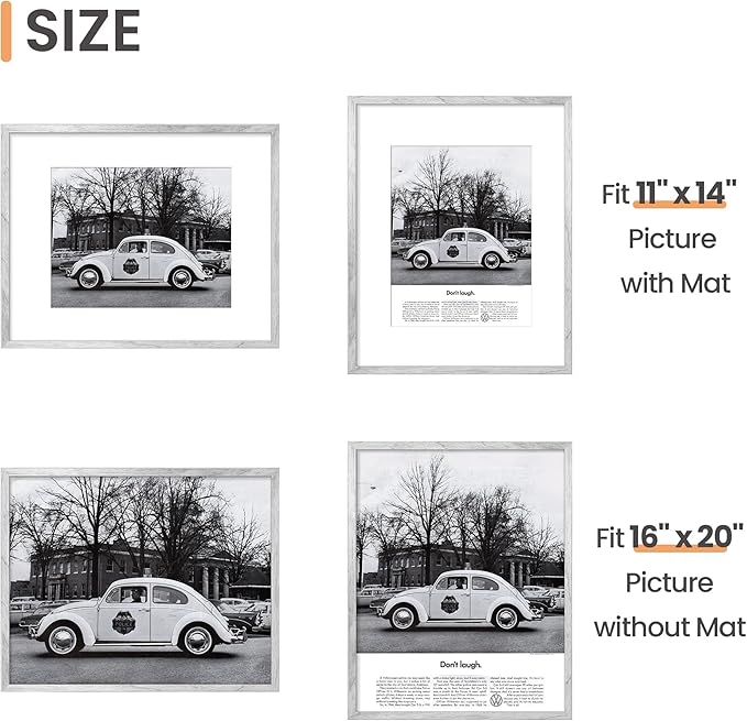 upsimples 16x20 Picture Frame, Display Pictures 11x14 with Mat or 16 x 20 Without, Wall Hanging Poster Frame, Gray, 1 Pack