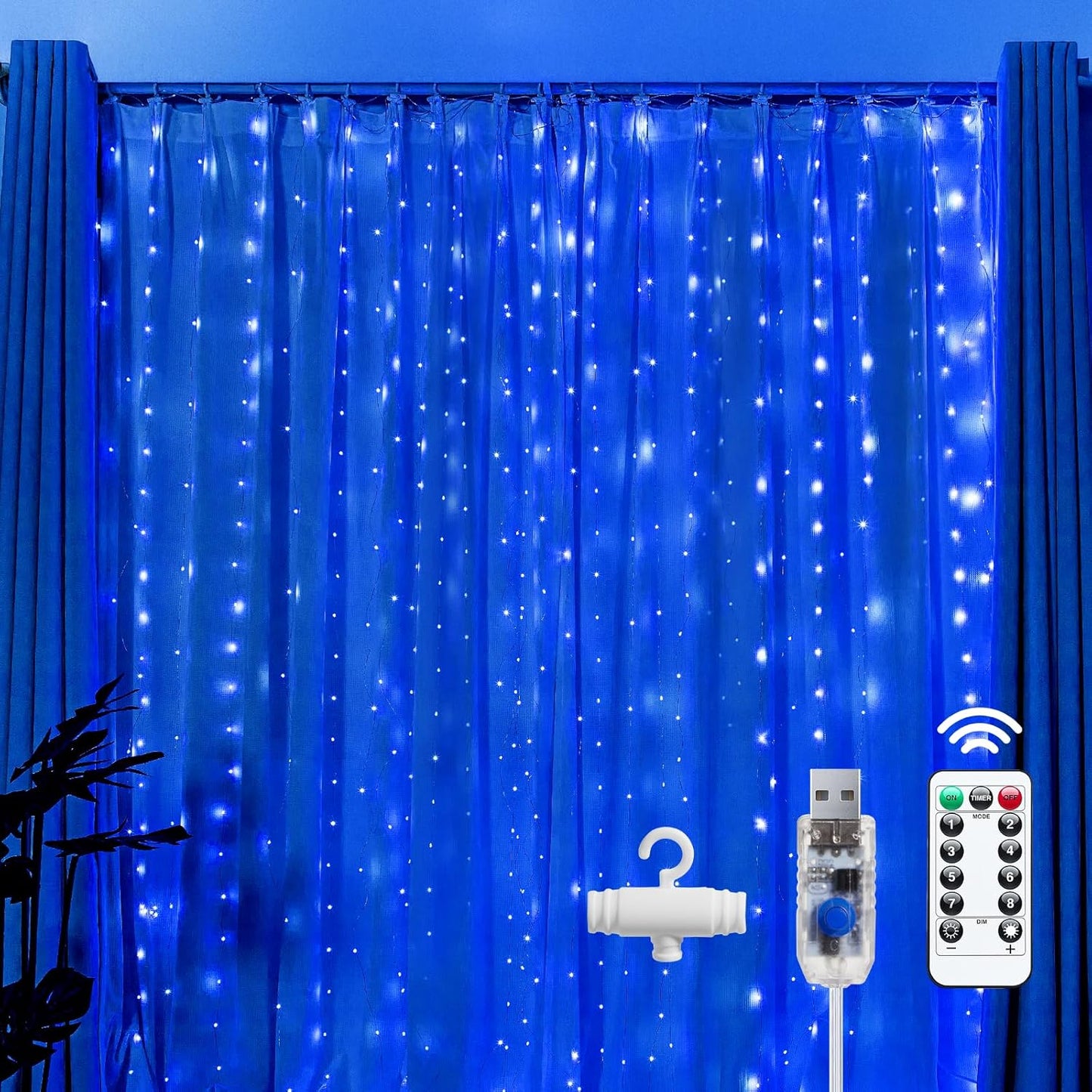Brightown 300 LED Fairy Curtain Lights, 9.8ft x 9.8ft Curtain String Lights, USB Plug in 8 Lighting Modes LED Christmas String Hanging Lights with Remote for Bedroom Indoor Outdoor Weddings Party Xmas