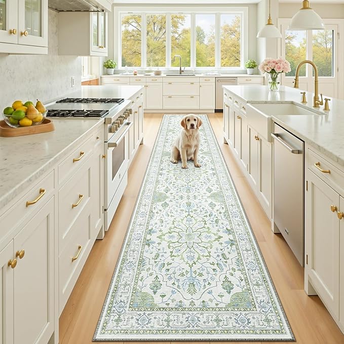 RELEANY Area Rugs 2'x10' Runner Rug Non Slip Washable for Kitchen Hallway Bedroom Beside Laundry Room Bathroom Rug, Floor Carpet, Green White Blue
