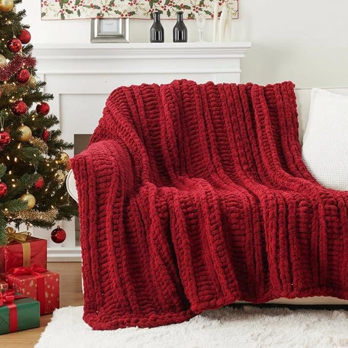 Battilo Chunky Knit Throw Blanket for Couch, Christmas, 50"x60", Dark Red | Hand Knit, Gift Blanket, Cozy Warm Thick Soft Chenille Throw Blanket for Bed, Sofa, Chair, Living Room