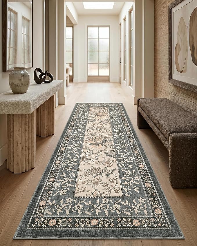 GarveeHome Grey Washable Kitchen Runner Rug: 2'6" x 8' Hallway Rug Non Slip Low-Pile Stain Resistant Cottage Core Vintage Farmhouse Soft Runners for Entryway Laundry Room