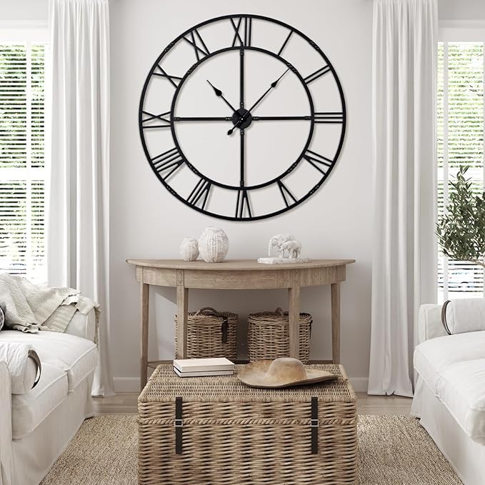 Oversized 48 inch Knocked-Down (KD) Wall Clock for Living Room Decor – Extra Large Silent Non-Ticking Modern Farmhouse Wall Clock, Decorative Metal Roman Numeral Clock, Black