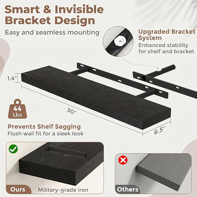 Venusmiles Floating Shelves for Wall, 30 Inch Floating Shelves Set of 2, 6.5" D Wooden Wall Mounted Display Shelves with Invisible Brackets for Living Room, Bedroom, Bathroom, Kitchen Decor, Black