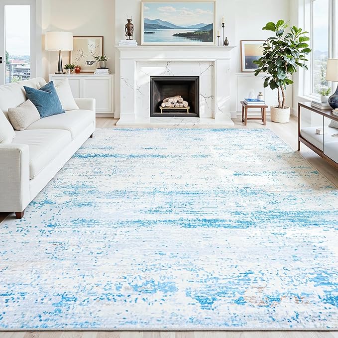 9x12 Area Rugs Washable Rug:Anti-Skid Abstract Modern Living Room Rug Soft Thin Carpets Indoor Floor Non-Shedding Carpet for Bedroom Dining Farmhouse Nursery Home Office(Light Blue/White/Beige, 9x12)