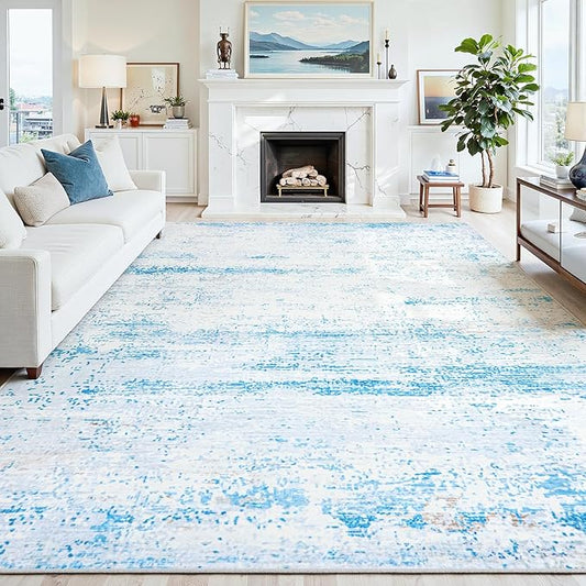 9x12 Area Rugs Washable Rug:Anti-Skid Abstract Modern Living Room Rug Soft Thin Carpets Indoor Floor Non-Shedding Carpet for Bedroom Dining Farmhouse Nursery Home Office(Light Blue/White/Beige, 9x12)