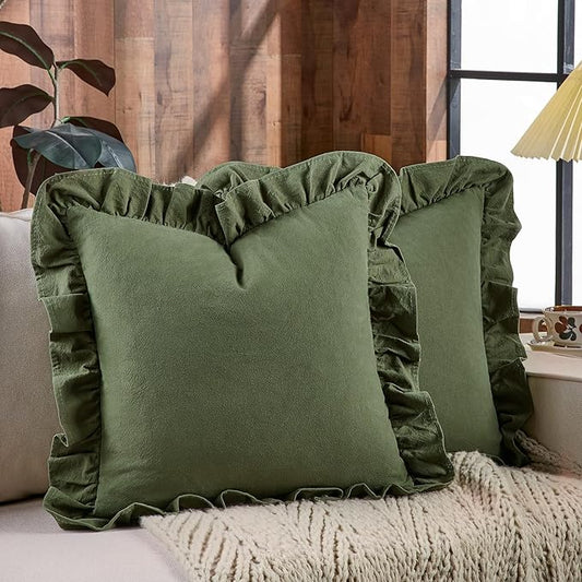 AmHoo Pack of 2 Throw Pillow Covers 100% Cotton Pre Washed Ruffle Decorative Pillowcase Cushion for Couch Sofa Bedroom 20 x 20-Inch Olive Green