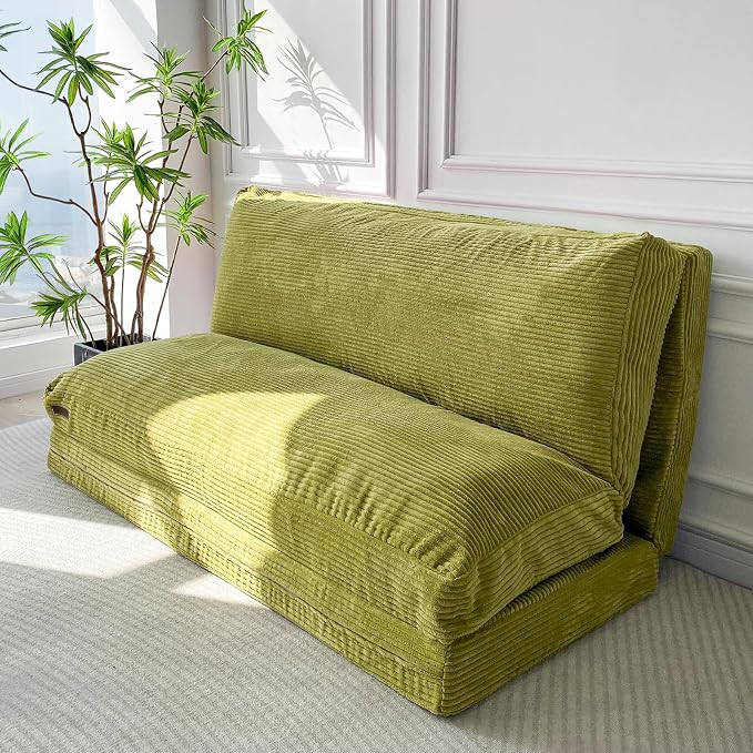 MAXYOYO Folding Sofa Bed, Extra Thick and Long Floor Sofa Convertible Chair with Washable Cover, Floor Couch Lounge Bean Bag Bed for Living Room, Green, 54x91 Inch