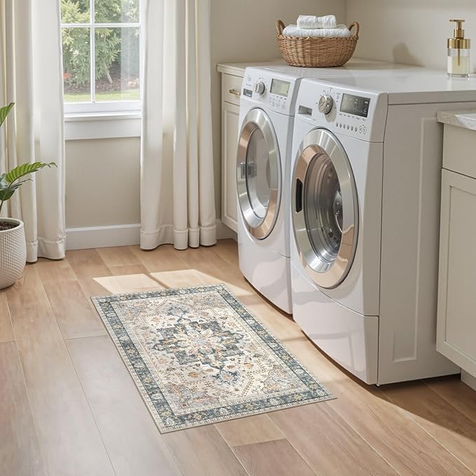 Tortania Area Rug 2x3 Doormat - Washable Vintage Oriental Farmhouse Soft Thin Indoor Carpet for Living Room Bedroom Hallway Entryway Kitchen - TealTaupe