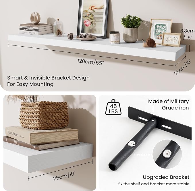 Fun Memories 55 Inch Fireplace Mantel Shelf, 10 Inch Deep Shelves for Display & Wall Storage, Rustic Wood Wall Shelf, Extra Long Floating Shelves for Living Room Laundry Room, White, Set of 2