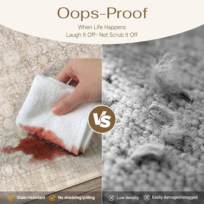 10x12 Beige Washable Neutral Area Rug for Living Room Floral Non Slip Low Pile Large Rug Indoor Vintage Traditional Stain Resistant Distressed Carpet Bedroom Dining Room Classroom Office