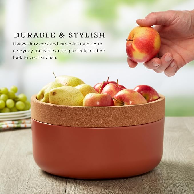Kamenstein Ceramic and Cork Large Breathable Produce Bowl with Lid, Nautral Cork and Terra Cotta Ceramic, 11 x 11 x 6 Inch