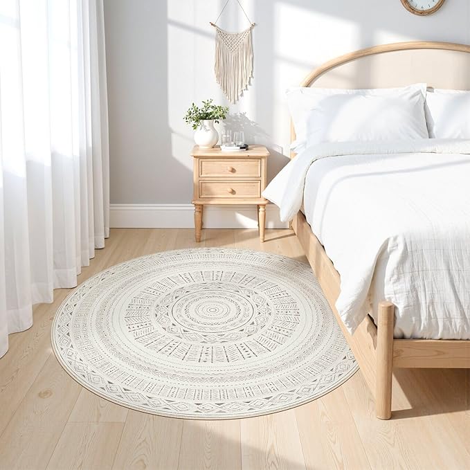cotiled 5x5 Round Area Rug Living Room: Washable Boho Rugs with Non Slip Backing Large Soft Indoor Stain Resistant Carpet for Bedroom Farmhouse Dining Room Lightweight Home Decor L Brown/Cream