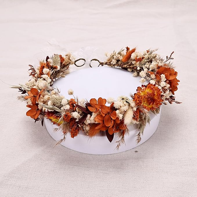 Preserved Dried Flower Crown,Burnt Orange Terracotta Cream, Rustic Wedding Wreath Headband for Brides Bridesmaids Maternity Family Photography