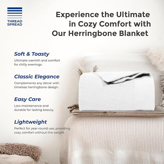 THREAD SPREAD 100% Pure Cotton, Luxury King/California King Size White Blanket - Herringbone Pattern, Soft & Cozy Premium Fall Throw Blanket for All Seasons, 350 GSM & 106 x 92 with Free Tote Bag