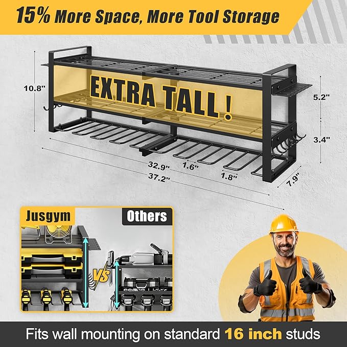 Jusgym Power Tool Organizer Wall Mount |350lbs Garage Storage Rack with 6 Cordless Drill Holder |3-Tier 32''W Heavy Duty Tool Storage Rack for Garage Organization |Gift for Men