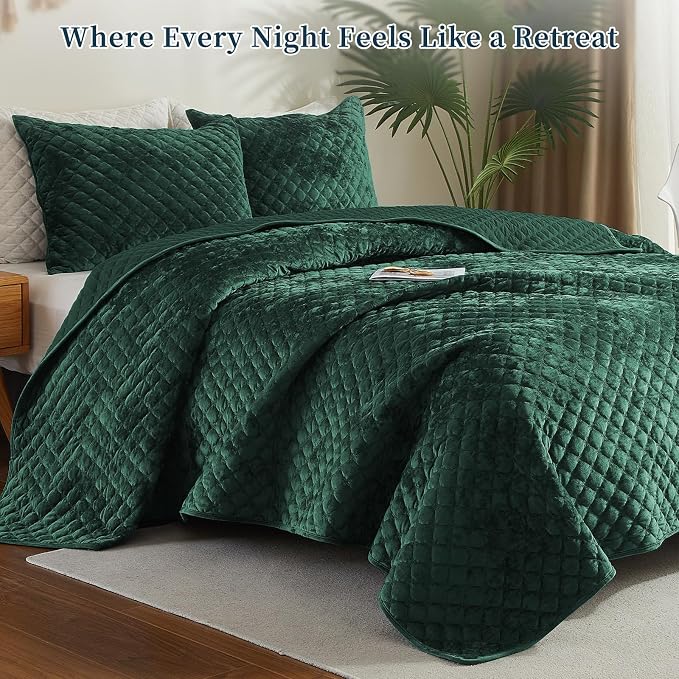 Luxury Soft Velvet Quilt Set Queen Size - Lightweight Velvet Bedding Set for All Season, Oversized Bedspread Coverlet Comforter Set with 2 Pillow Shams, Green, Diamond
