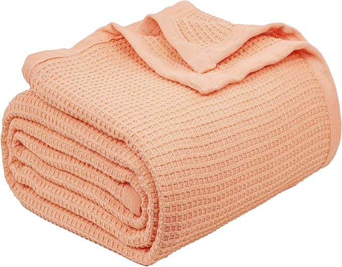 TreeWool Premium 100% Cotton Waffle Queen Blanket (90"x90", Peach) | Breathable Lightweight Moisture Wicking Soft Knit Thermal Blanket for Summer, Bed or Sofa All-season Comfort Machine Washable