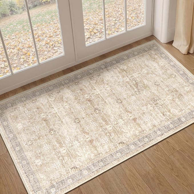 Neutral 2x4 Entryway Rug, Vintage Earth Tone Door Mat Indoor Entrance Entry Way, Washable Non Slip Low Pile Thin Small Runner Rug for Kitchen Floor Sink Area Bathroom Bedside, Beige Taupe