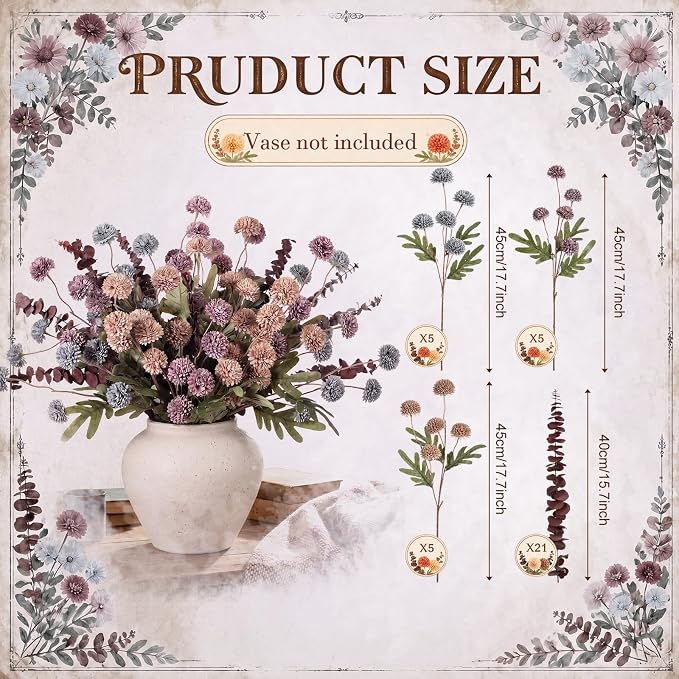Hoteam 36 Pcs Artificial Chrysanthemum Flowers Bouquet with Dried Eucalyptus Leaves 15 Stems Fake Mums 21 Stems Preserved Eucalyptus for Vase Home Decor Wedding Centerpieces(Blue Violet)