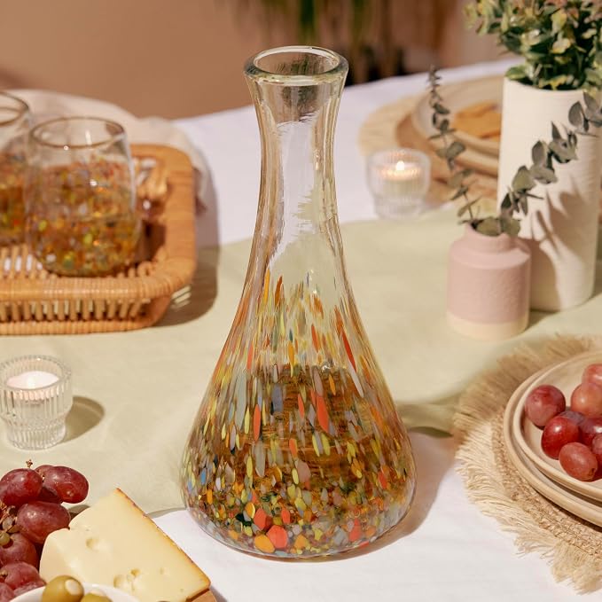 Segunda Vida Artistico Hand Blown Wine Decanter, Recycled Glass Carafe for Red and White Wine, Thick Base Pitcher, Colorful Mexican Glassware for Wedding Gifts, Home Bar Accessories, 50 oz, Set of 1