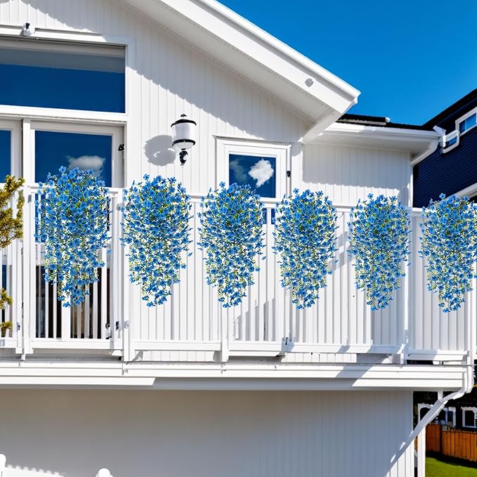 Ammyoo Artificial Hanging Flowers for Outdoors Faux Plants Spring Summer Decoration, 2 Pack Silk Colorful Daisy Realistic Fake Outdoor Flowers UV Resistant Porch Patio Window Yard Decor(Blue)