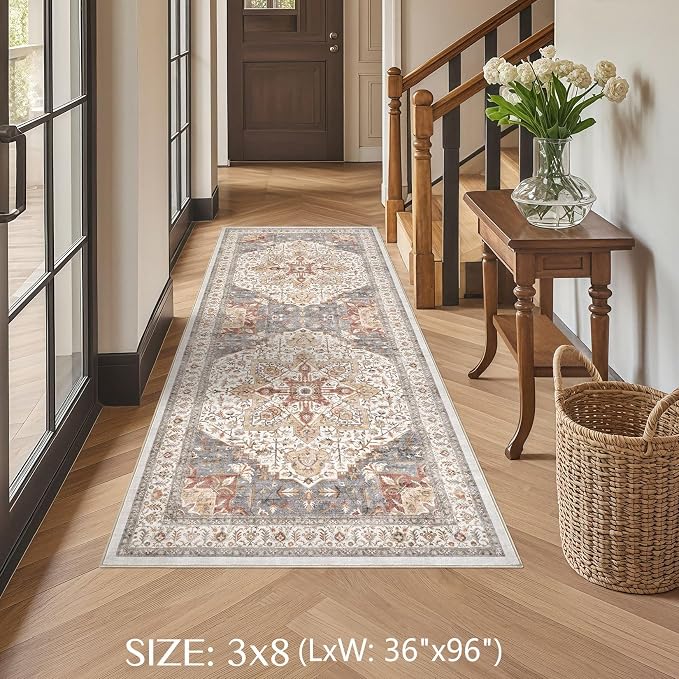 Tortania Area Rug 3x8 Runner Rugs - Washable Vintage Oriental Farmhouse Thin Indoor Carpet for Living Room Bedroom Hallway Entryway Kitchen Under Dining Table Home Office - Orange Multi