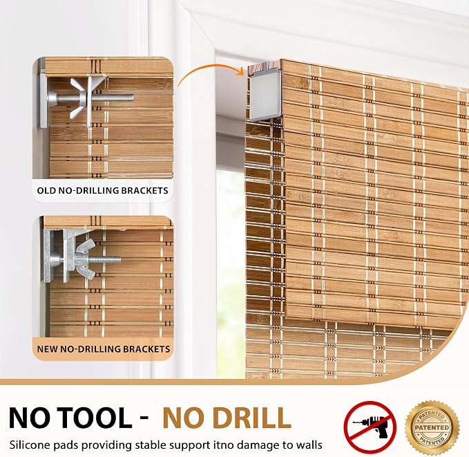 LazBlinds No Drill Bamboo Roman Shades, 33x64, Brown | Light Filtering Window Treatment, No Tools Cordless Roll Up Bamboo Blinds for Window