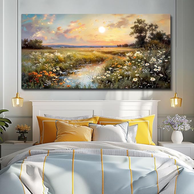 hyidecorart Large Canvas Wall Art for Living Room Wall Decor Bedroom Vintage Farmhouse Wildflower Wall Painting Office Decorations Nature Landscape Picture Artwork Aesthetic Home Decor Ready To Hang