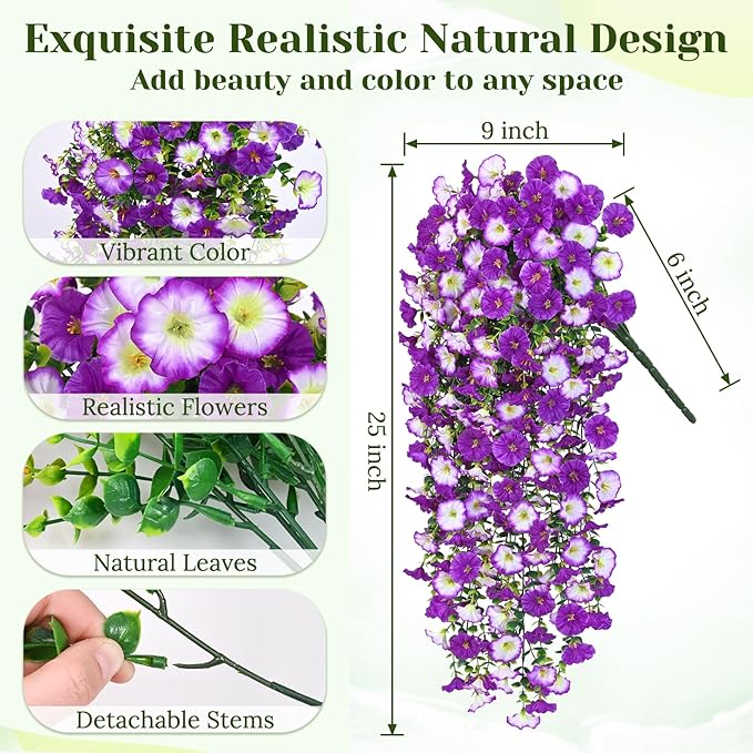 Dolicer 8 Packs Look Real Artificial Flowers for Outdoors, Fake Artificial Hanging Flowers for Outdoors Realistic UV Resistant Hanging Flowers Silk Petunia Faux Flowers for Porch Patio (Mixed Purple)