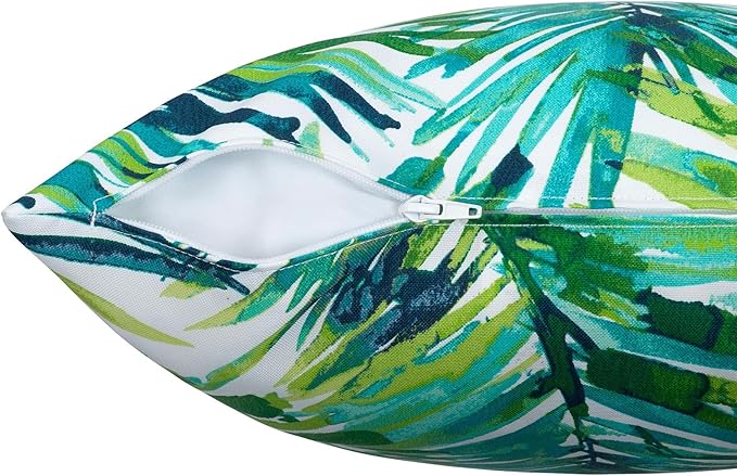Magpie Fabrics Patio Pillow with Insert 18"x18", Set of 2, Fade-Resistant Outdoor Indoor Cushion Decorative Throw Pillow Decoration for Couch Garden Furniture - Green Palm Leaves