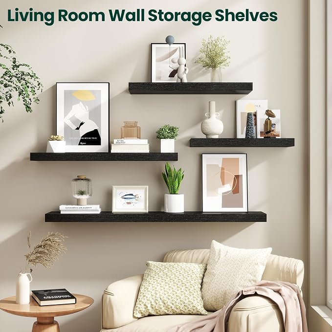 Floating Shelves for Wall 36 in x 9.3 in Deep, Wall Mounted Rustic Wood Shelf with Invisible Brackets for Storage & Display, Living Room Bedroom Bathroom, Black, 2 Pack