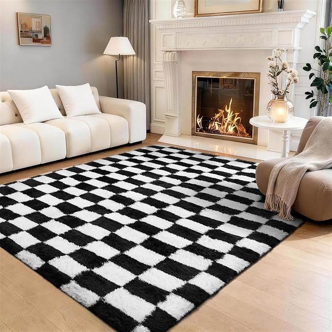 Ophanie Checkered Black & White Rug for Living Room Bedroom, Fluffy Soft Cute Fuzzy Area Rugs, Shag Plush Shaggy Bedside Floor 4x6 Furry Carpet for Kids Baby Teen Dorm Nursery Home Decor Aesthetic