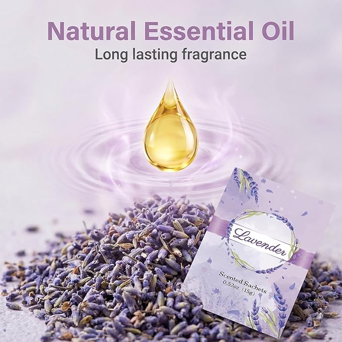 12 Packs Lavender Scented Sachets for Closets and Drawers - Natural Lavender Essential Oil Hanging Bags with Retractable Hook - Ideal for Lingerie, Silk Sheets, Bedding & Nightwear Care