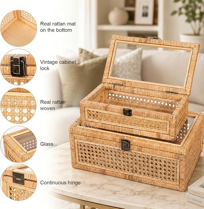 EupHHonycs Rattan Decorative Box with Lid Large Decorative Box Lid Display Rectangular Woven Boxes with Glass, Set of 2