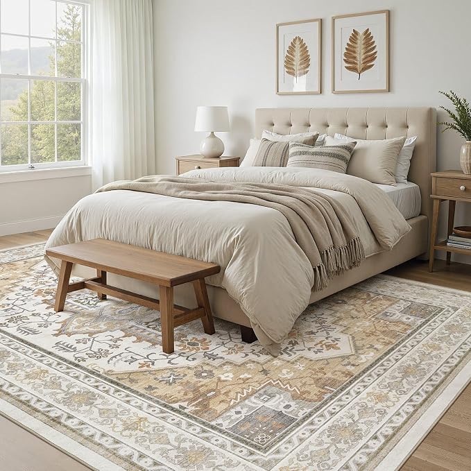 UERMEI 9x12 Area Rug for Living Room - Washable Vintage Carpet, Non-Slip Soft Large Indoor Floor Rugs for Bedroom Home Office & Under Dining Table Decor, Brown Beige