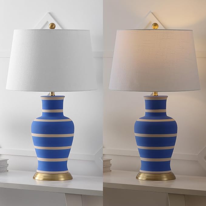 JONATHAN Y 29" Blue/Beige Traditional Ceramic Urn LED Table Lamp for Bedroom Decor, White Linen Drum Shade, Classic Nightstand Lamp for Living Room, LED Bulb Included (JYL4026L)