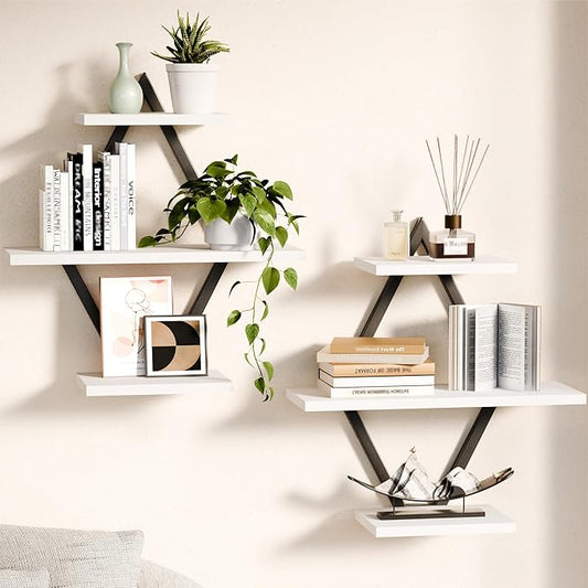Floating Shelves, Wall Shelf Set of 2, Wall Mounted Shelves, 3-Tier Hanging Wall Shelves for Bathroom, Living Room, Bedroom, Kitchen, Office (White)