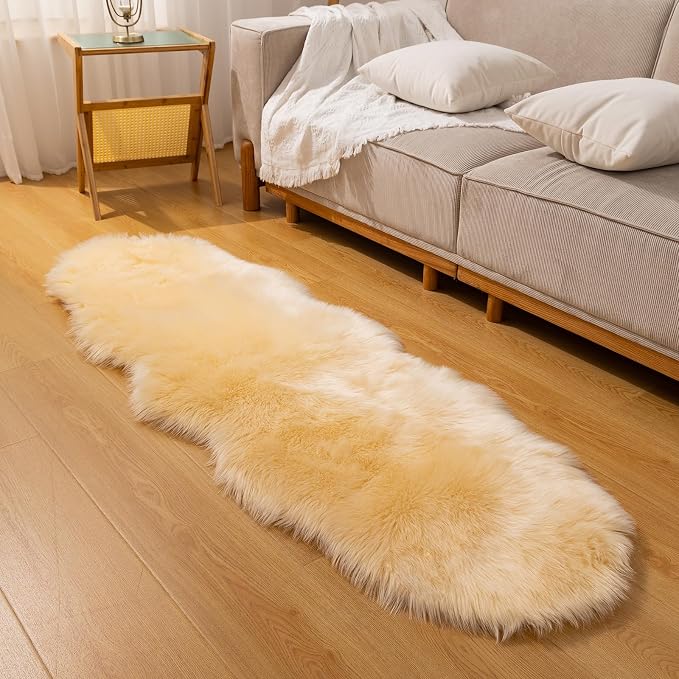 Faux Fur Sheepskin Runner Rug Beige 2x6 ft Ultra Soft Shaggy Plush Fluffy Fuzzy Area Carpet Decorative Chair Cover Floor Mat for Bedroom Sofa Living Room Bedside